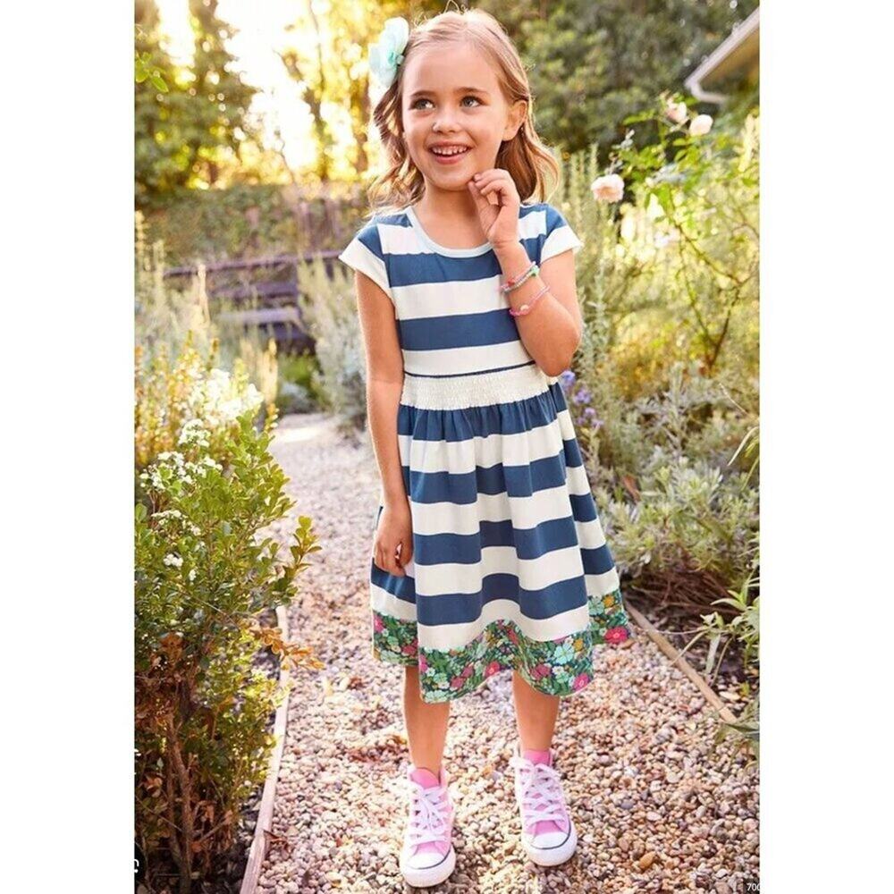 Matilda Jane Come Sail Away Dress Nautical Striped Blue White Floral Trim Girls